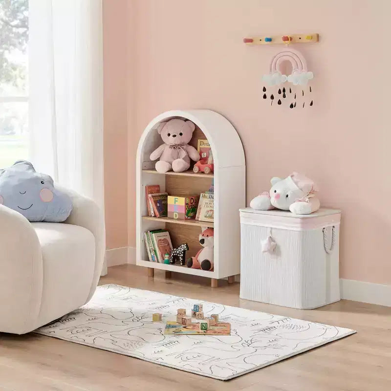 Cesto Portabiancheria Pieghevole per Bambini Danya B. in Bambù, Portaoggetti Giocattoli con Manici, Orsetto Rosa e Crema