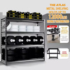 Scaffalatura Atlas a 4 ripiani 183x61x183 cm per carichi pesanti, capacità 5443 kg, finitura martellata: Stoccaggio multiuso in acciaio, ripiani regolabili