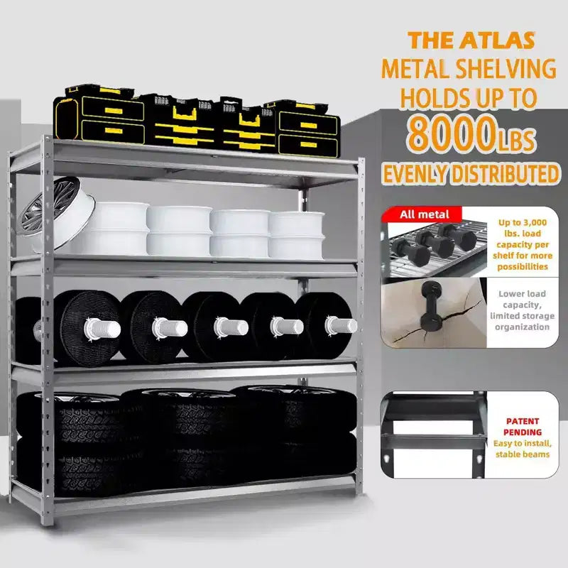 Atlas Scaffalatura a 4 Ripiani 183x61x183cm Per Garage Uso Intenso Carico 3630kg Grigio Venato: Acciaio, Ripiani Regolabili e Fissi, Resistente alla Ruggine