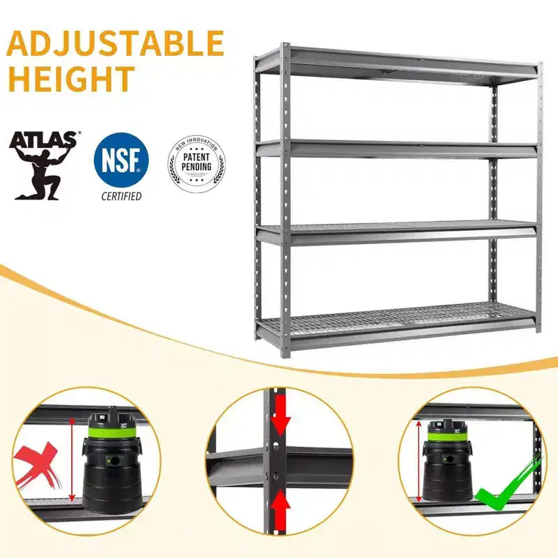 Atlas Scaffalatura a 4 Ripiani 183x61x183cm Per Garage Uso Intenso Carico 3630kg Grigio Venato: Acciaio, Ripiani Regolabili e Fissi, Resistente alla Ruggine