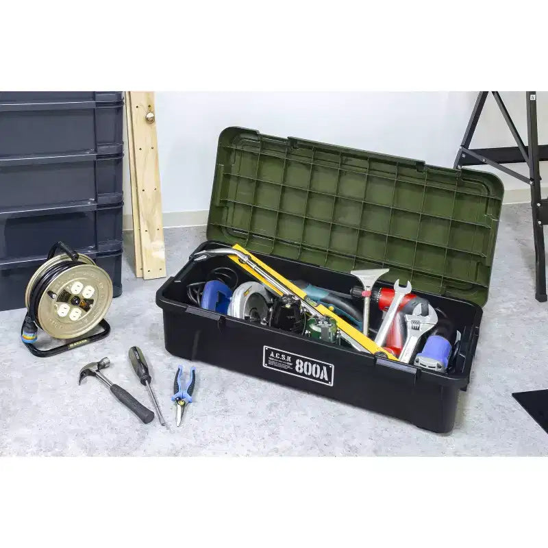 JEJ Astage Tough Trunk 800AX Contenitore per Stoccaggio Impilabile Robusto Multiuso Verde Nero
