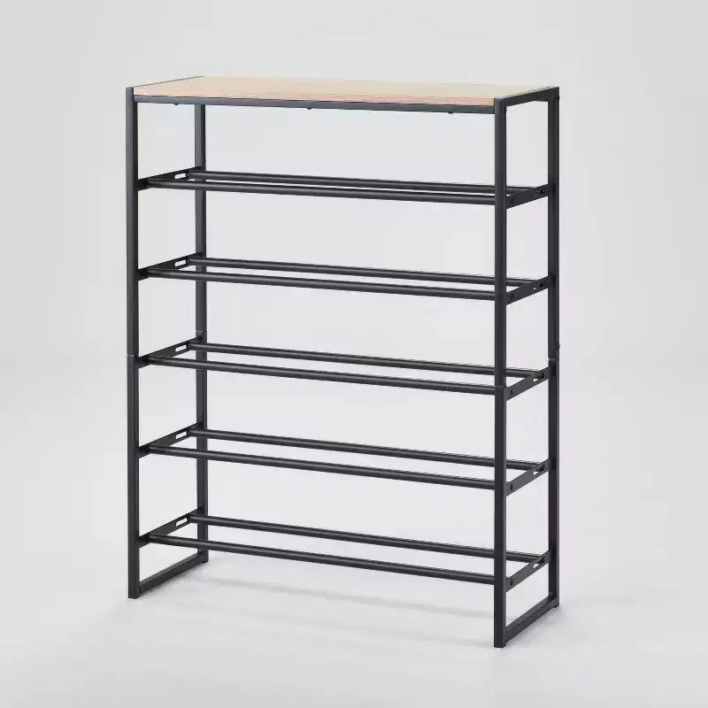 5 Tier Shoe Rack Black Metal with Natural Wood - Brightroom™