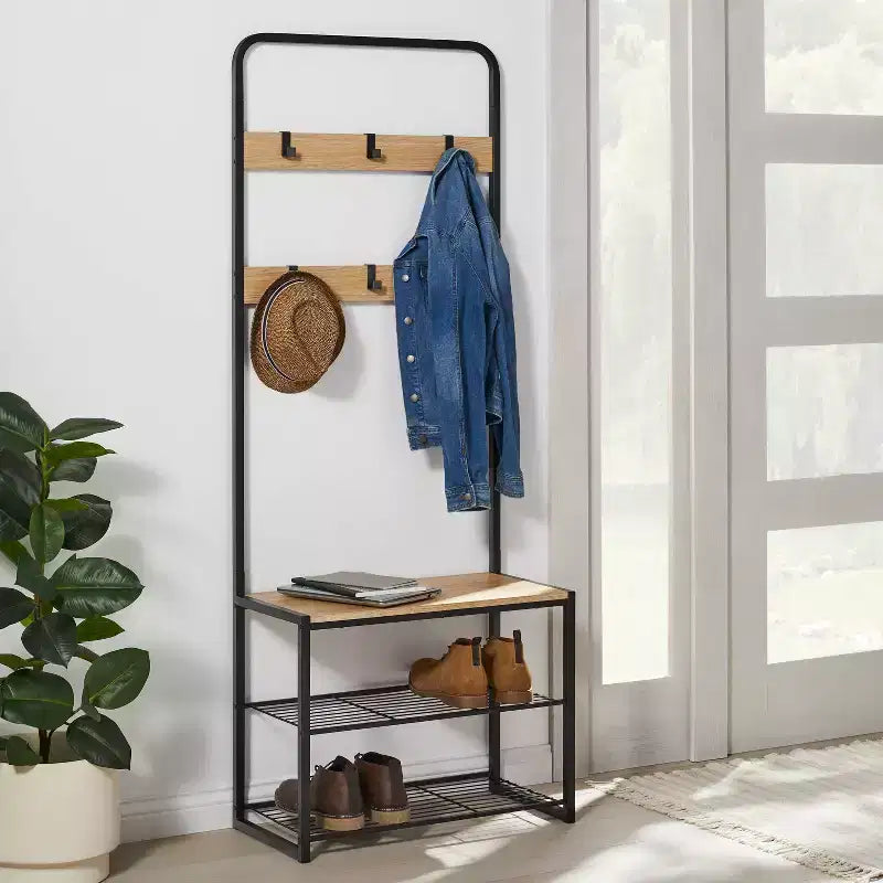 Panca a 3 ripiani con ganci in metallo nero e legno naturale - Brightroom™