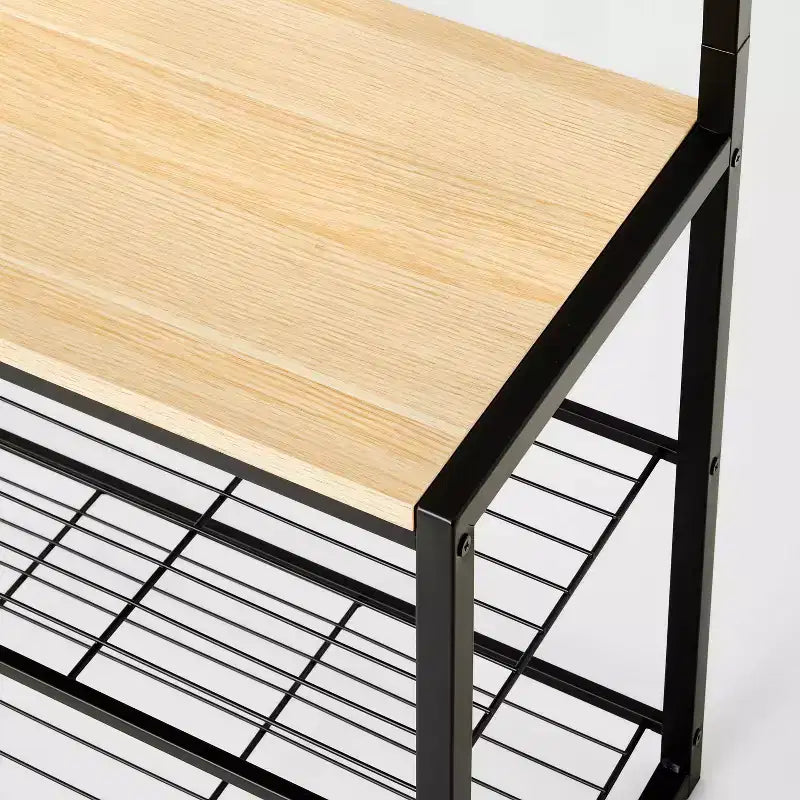 Panca a 3 ripiani con ganci in metallo nero e legno naturale - Brightroom™