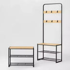 Panca a 3 ripiani con ganci in metallo nero e legno naturale - Brightroom™