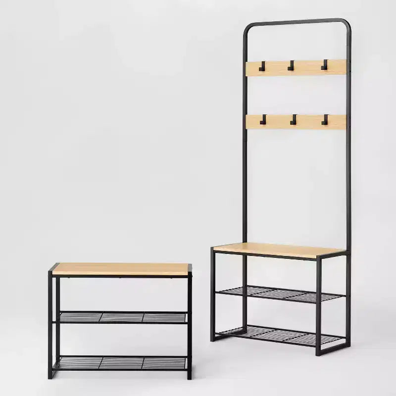 Panca a 3 ripiani con ganci in metallo nero e legno naturale - Brightroom™