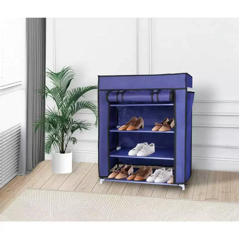 J&V TEXTILES 4 Tier Shoe Rack with Side Pocket Holds 24 Shoes Navy