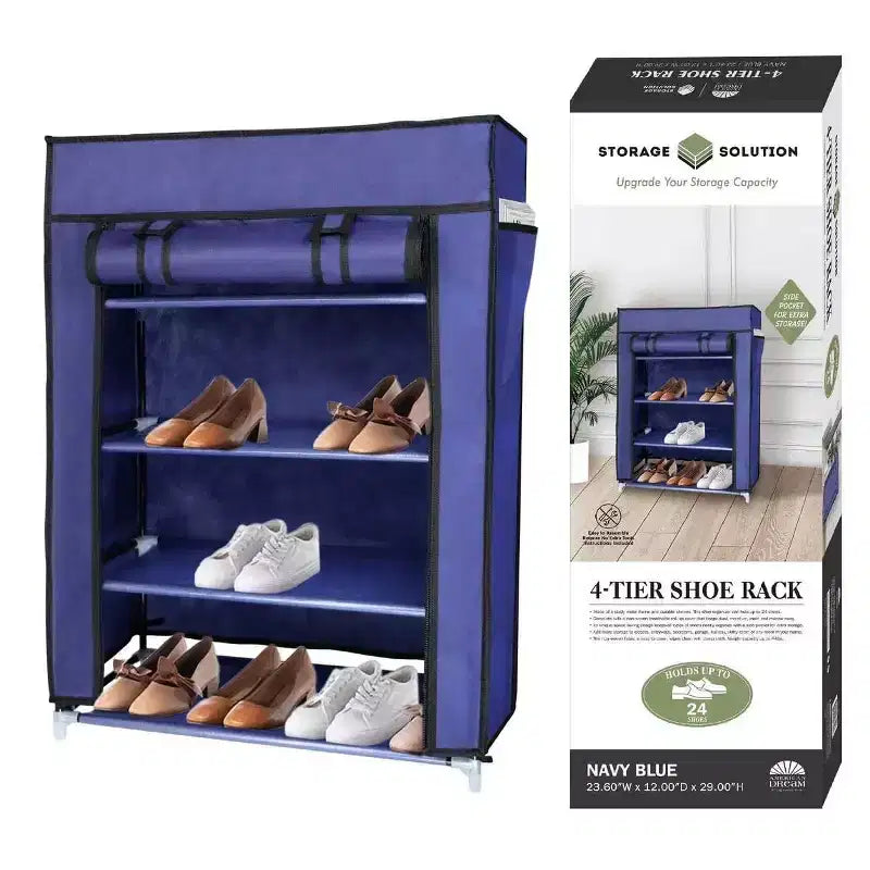 J&V TEXTILES Scarpiera a 4 Ripiani con Tasca Laterale Può Contenere 24 Scarpe Blu Scuro