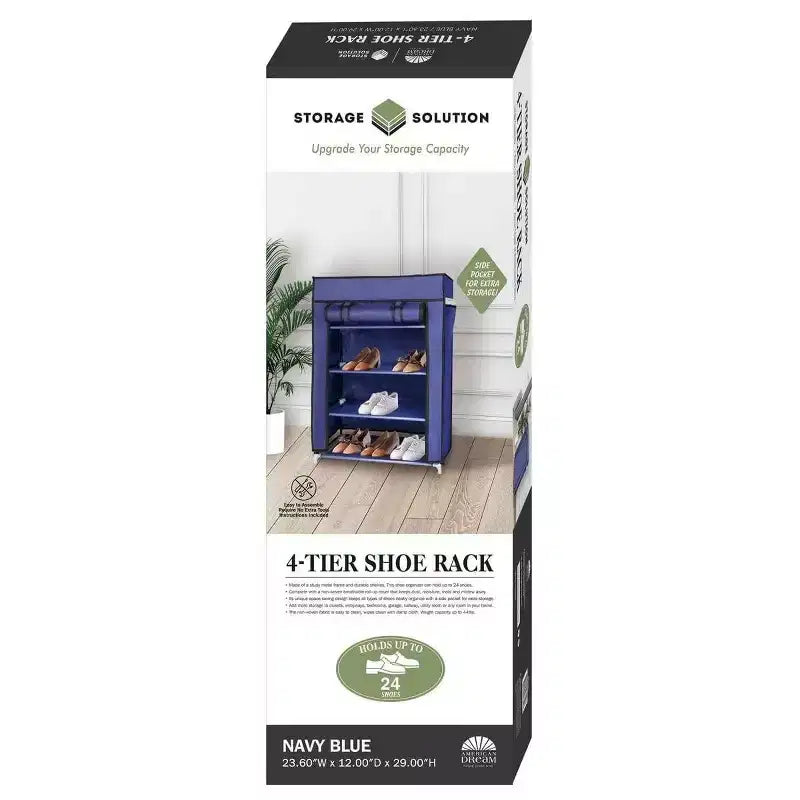 J&V TEXTILES Scarpiera a 4 Ripiani con Tasca Laterale Può Contenere 24 Scarpe Blu Scuro