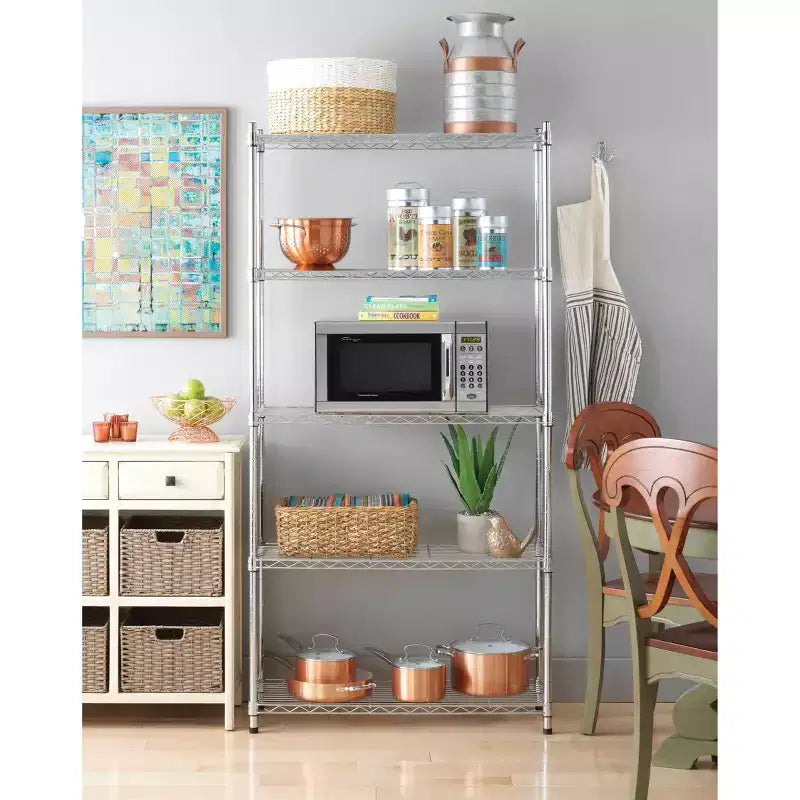 Étagère Whitmor Supreme à 5 niveaux chromée argent : étagère en fil d'acier, unité de rangement métallique, capacité de 793 kg, 91 cm l x 35,5 cm P x 183 cm H