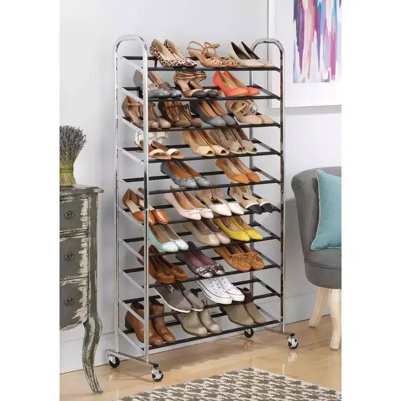 Whitmor Portascarpe a Torre a 10 Livelli, Argento: Scarpiera Autoportante per Armadio, Contiene 50 Paia, Telaio in Ferro e Plastica, Altezza 151 cm