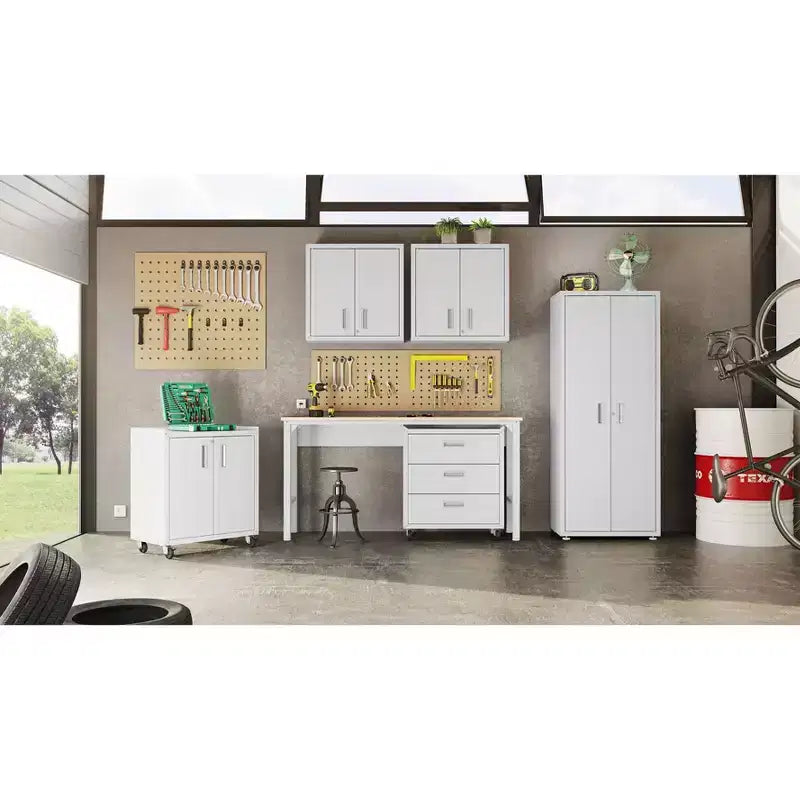 Manhattan Comfort Fortress Set 3.0 Mobile Salvaspazio da Garage con Armadietto e Banco da Lavoro, 3 pz, Bianco