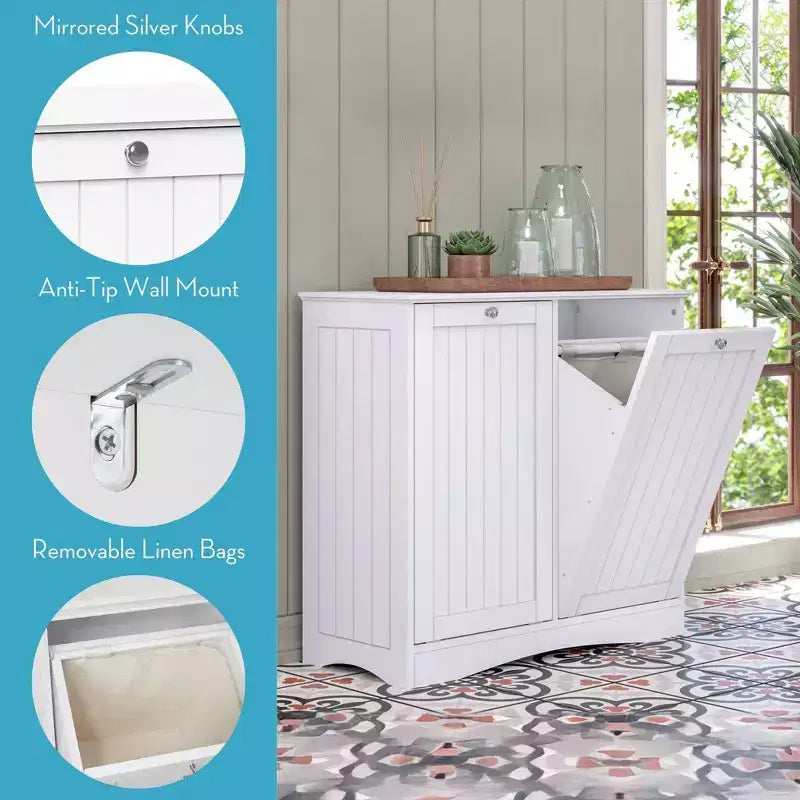 RiverRidge Home Ashland Mobile lavanderia a due cesti a ribalta con sacchi portaoggetti in tessuto rimovibili bianco