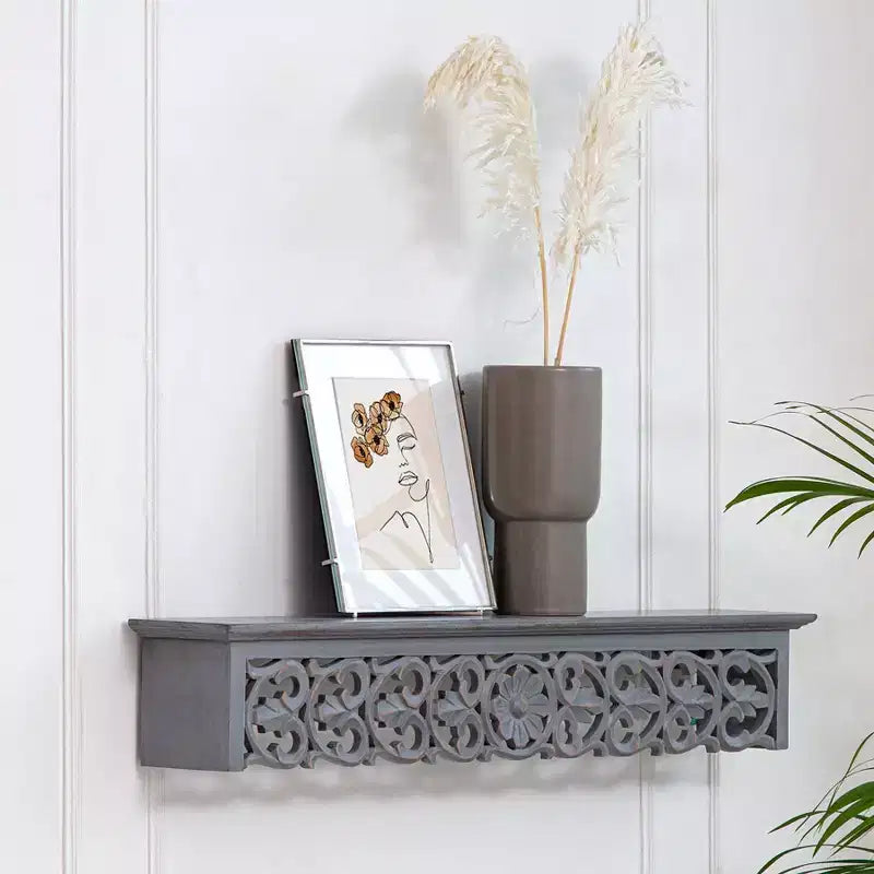 Mensola Decorativa Intagliata Grigia da 30" - Brewster: Stile Bohemien, Nessun Montaggio, MDF a Parete Fluttuante