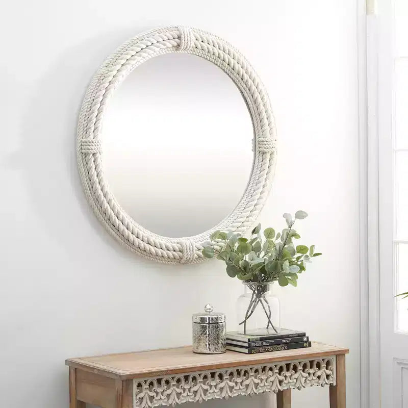 Specchio da Parete Rustico in Legno per Mare con Corde Intrecciate Bianco - Olivia & May: Decorazione Nautica da Spiaggia, Nessun Assemblaggio Richiesto