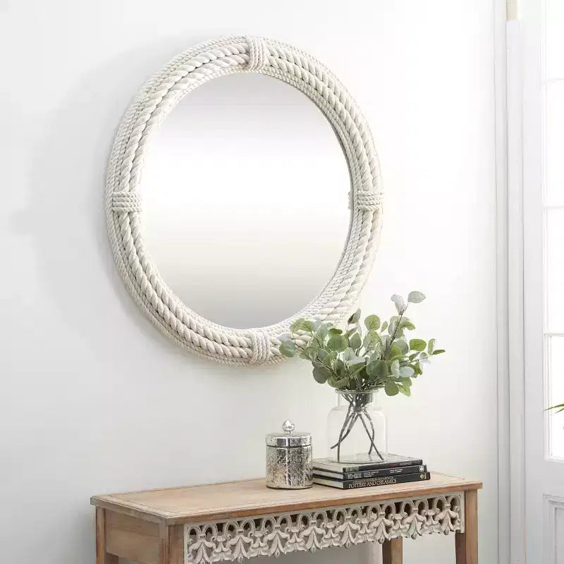 Specchio da Parete Rustico in Legno per Mare con Corde Intrecciate Bianco - Olivia & May: Decorazione Nautica da Spiaggia, Nessun Assemblaggio Richiesto