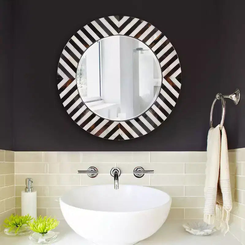 Howard Elliott 24" Julianna Round Beveled Wall Mirror with Black and White Horn and Shell Frame
