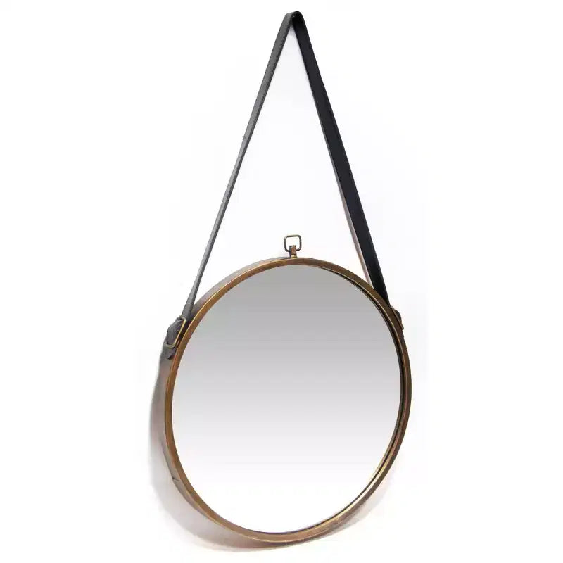 Specchio da parete rotondo da 16" in stile fattoria con cinturino in pelle e ottone - Infinity Instruments