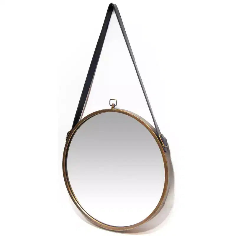 Specchio da parete rotondo da 16" in stile fattoria con cinturino in pelle e ottone - Infinity Instruments