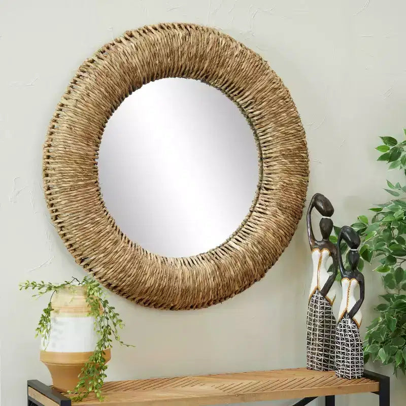 Specchio da Parete con Cornice Intrecciata in Piante Essiccate Marrone - Olivia & May: Stile Boho, Forma Rotonda, Nessun Montaggio Richiesto