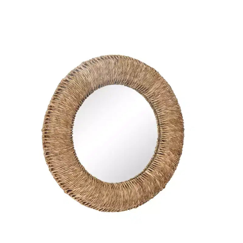Specchio da Parete con Cornice Intrecciata in Piante Essiccate Marrone - Olivia & May: Stile Boho, Forma Rotonda, Nessun Montaggio Richiesto
