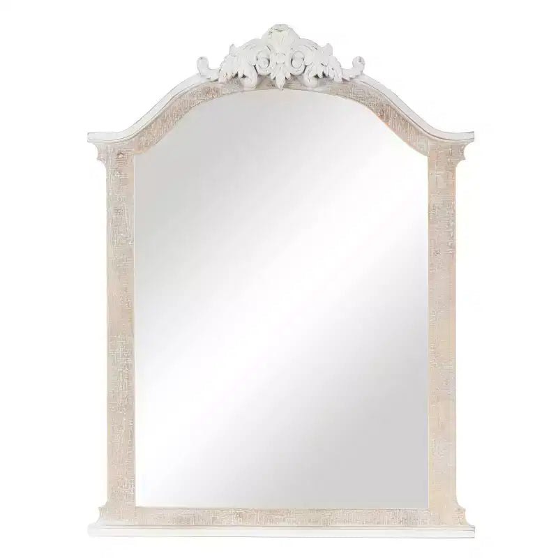Olivia & May 37"x28" Wooden Arched Scroll Wall Mirror with Brown Distressing Cream: No Assembly, Modern Decor