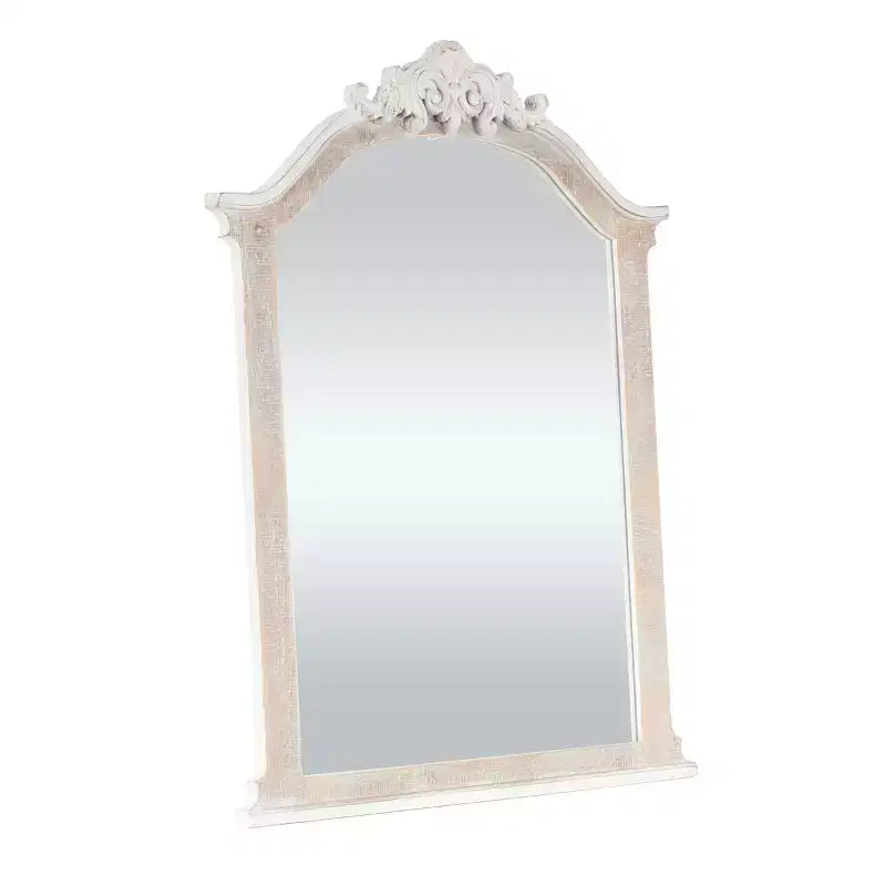 Olivia & May Specchio da parete con cornice in legno ad arco intagliato, 94x71 cm, finitura bianca anticata marrone: nessun assemblaggio richiesto, decorazione moderna