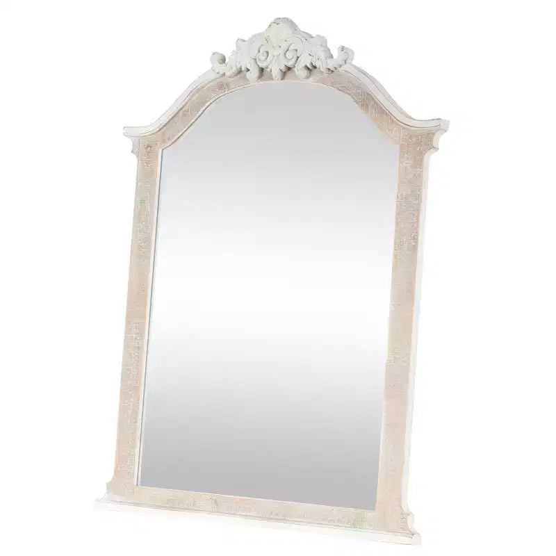 Olivia & May Specchio da parete con cornice in legno ad arco intagliato, 94x71 cm, finitura bianca anticata marrone: nessun assemblaggio richiesto, decorazione moderna