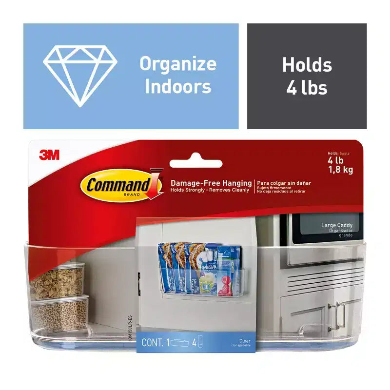 Caddy Grande con Strisce Command: Organizer da Parete in Plastica Trasparente, Organizzazione Universale, Mensola con Strisce Command, Capacità 1.8 kg