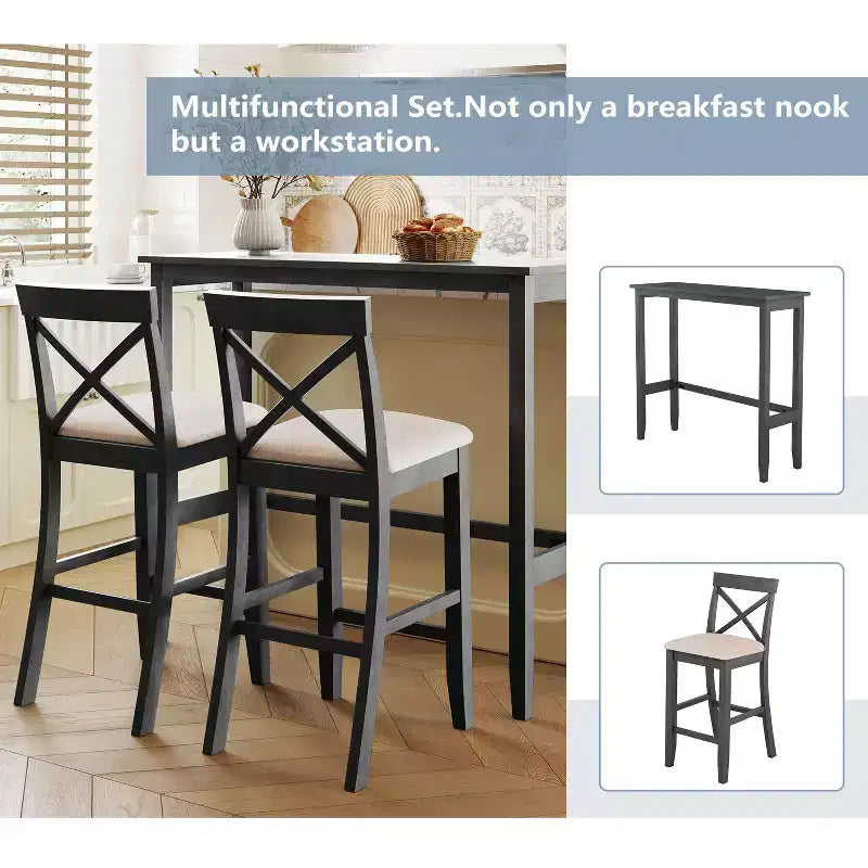 Set tavolo da pranzo rettangolare in legno stile rustico Farmhouse 47.5, altezza bancone, angolo colazione in cucina con 2 sedie per piccoli spazi - ModernLuxe
