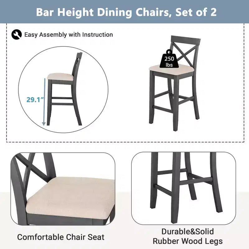 Set tavolo da pranzo rettangolare in legno stile rustico Farmhouse 47.5, altezza bancone, angolo colazione in cucina con 2 sedie per piccoli spazi - ModernLuxe