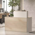 Famapy White Reception Desk with Locking Drawers Woodgrain Decorative Retail Counter Computer Workstation