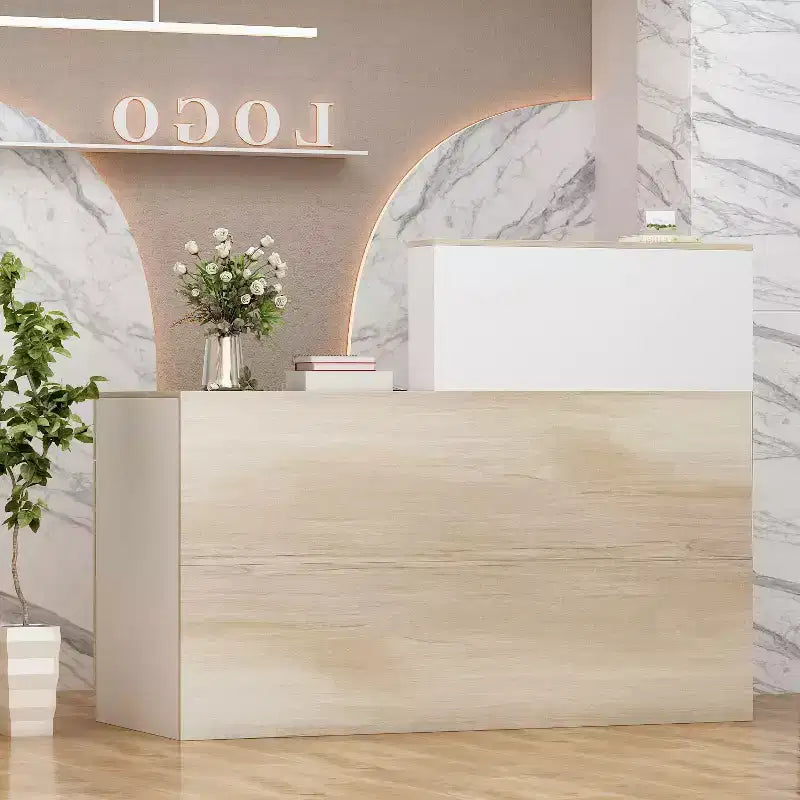 Bancone Reception Bianco Famapy con Cassetti Bloccabili, Bancone Decorativo per Negozi effetto legno, Postazione Lavoro per Computer