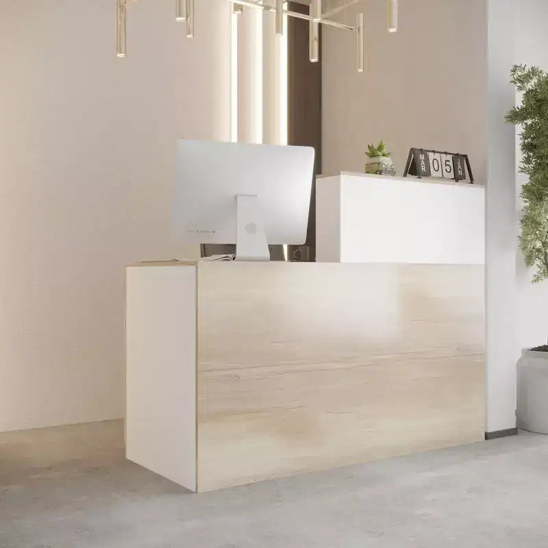 Bancone Reception Bianco Famapy con Cassetti Bloccabili, Bancone Decorativo per Negozi effetto legno, Postazione Lavoro per Computer