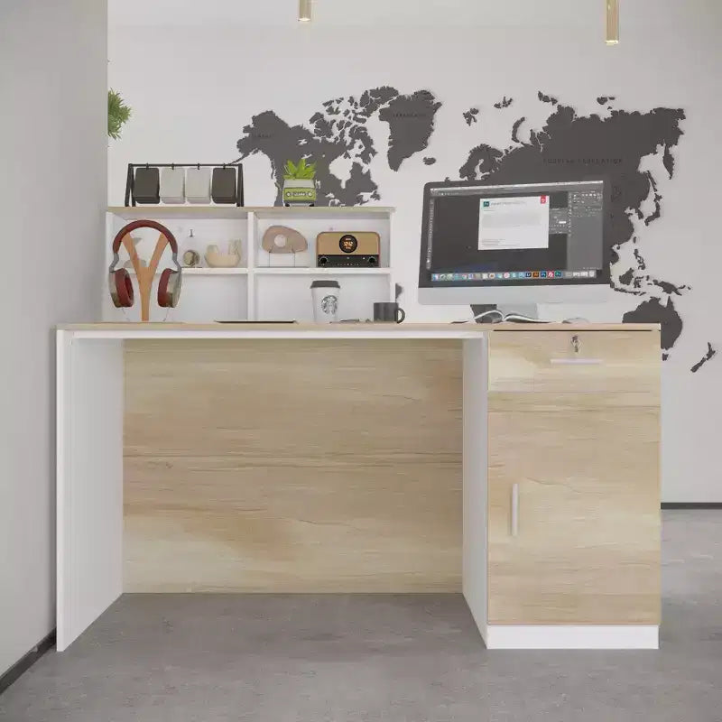 Bancone Reception Bianco Famapy con Cassetti Bloccabili, Bancone Decorativo per Negozi effetto legno, Postazione Lavoro per Computer