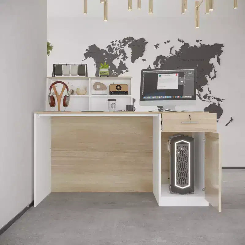 Bancone Reception Bianco Famapy con Cassetti Bloccabili, Bancone Decorativo per Negozi effetto legno, Postazione Lavoro per Computer
