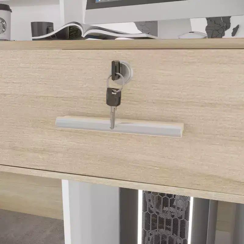 Bancone Reception Bianco Famapy con Cassetti Bloccabili, Bancone Decorativo per Negozi effetto legno, Postazione Lavoro per Computer