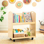 Guidecraft EdQ Rolling Book Storage Cart for Classroom: Single Sided 2-Shelf Wooden Book Display Rack on Wheels