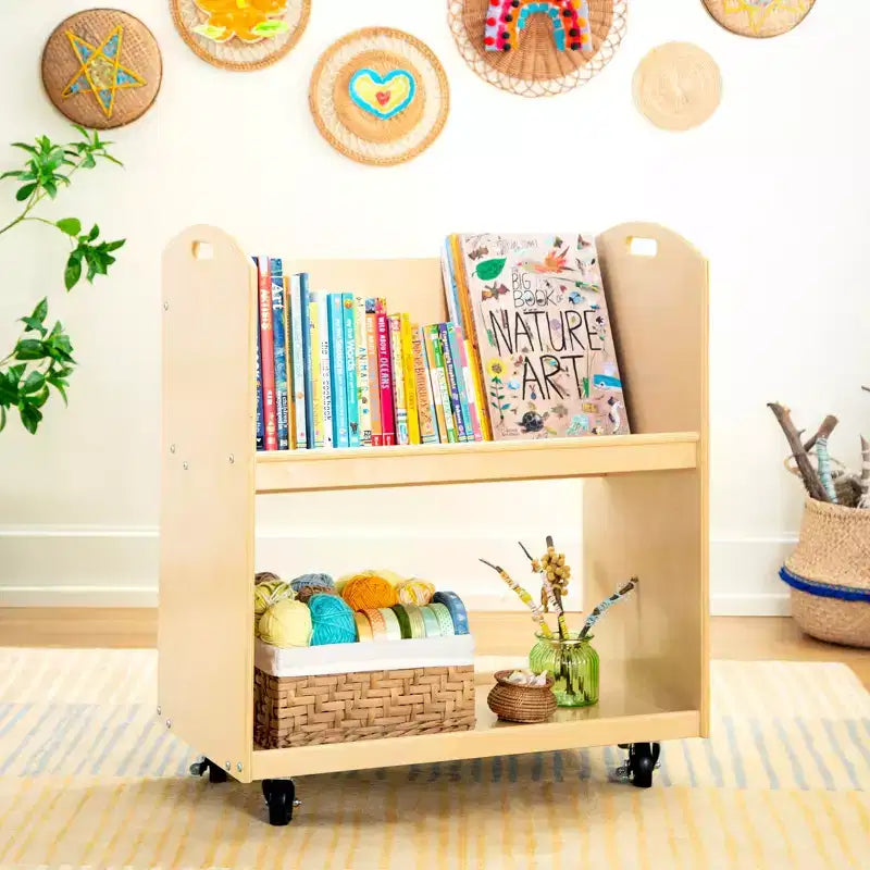 Guidecraft EdQ Rolling Book Storage Cart for Classroom: Single Sided 2-Shelf Wooden Book Display Rack on Wheels