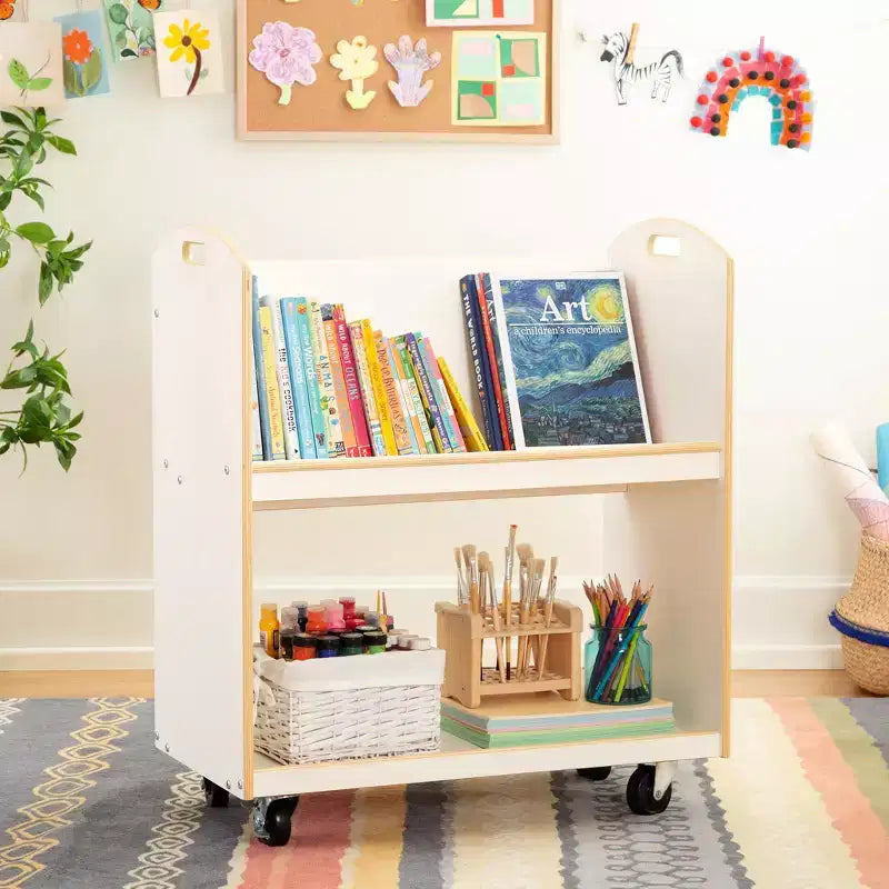 Guidecraft EdQ carrello porta libri su ruote per classe: espositore libreria in legno a 2 ripiani a lato singolo su ruote