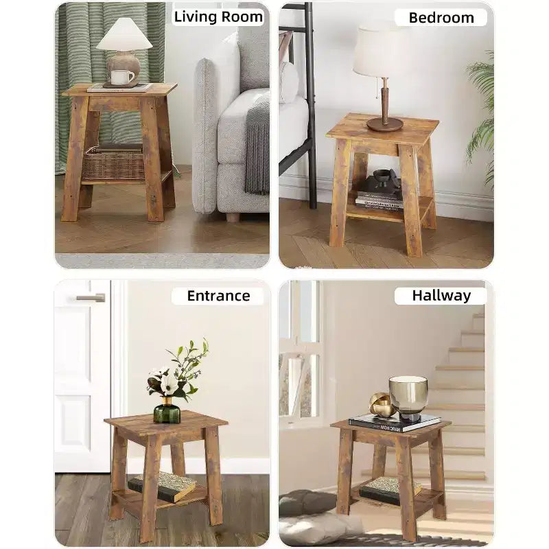 Tavolino, comodino con 2 ripiani, in legno, tavolino stretto per piccoli spazi, camera da letto, ingresso, marrone rustico