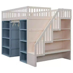Letto a soppalco full size con 2 armadietti a quattro ante, tenda e scala multiuso, Bianco+Blu-ModernLuxe