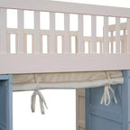 Letto a soppalco full size con 2 armadietti a quattro ante, tenda e scala multiuso, Bianco+Blu-ModernLuxe