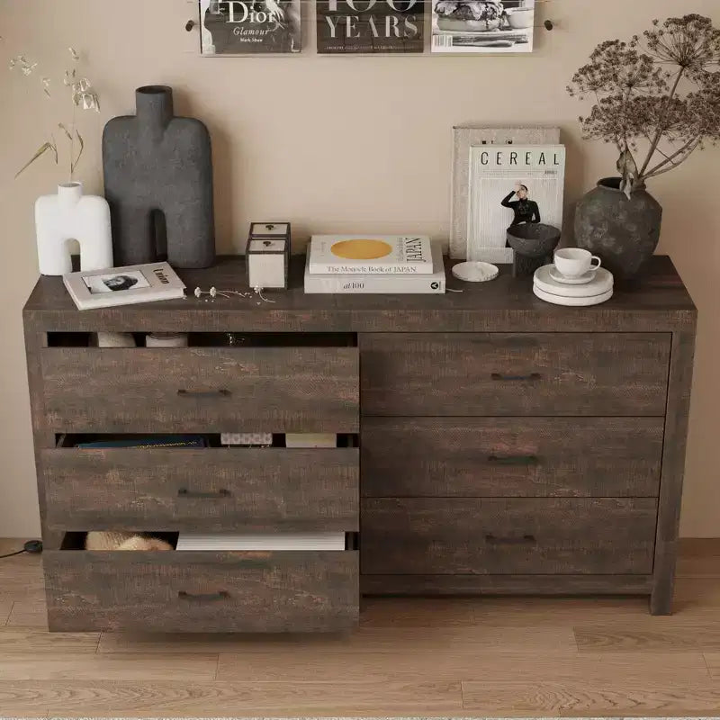 Cassettiera Famapy con Sei Cassetti Effetto Legno e Maniglie Nere per Soggiorno