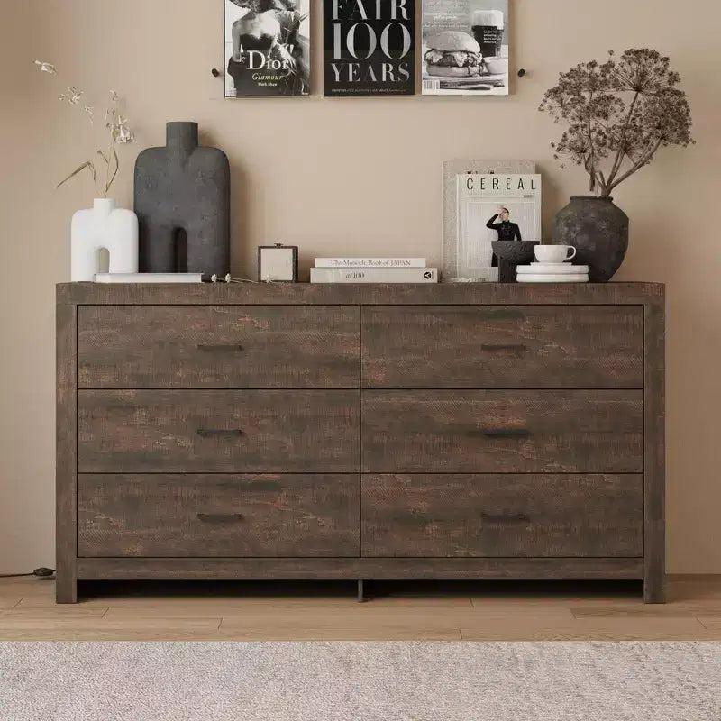 Cassettiera Famapy con Sei Cassetti Effetto Legno e Maniglie Nere per Soggiorno