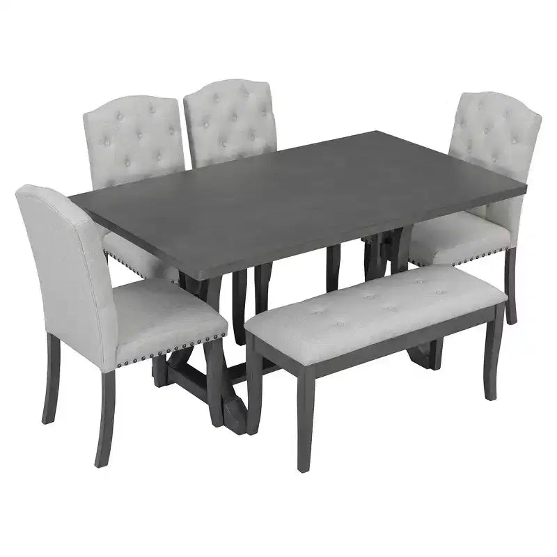 Set da pranzo Whisen in stile rustico, 6 pezzi con 4 sedie imbottite e panca per sala da pranzo