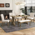 Set da pranzo Whisen in stile rustico, 6 pezzi con 4 sedie imbottite e panca per sala da pranzo
