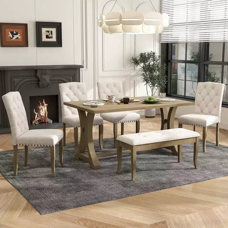 Set da pranzo Whisen in stile rustico, 6 pezzi con 4 sedie imbottite e panca per sala da pranzo