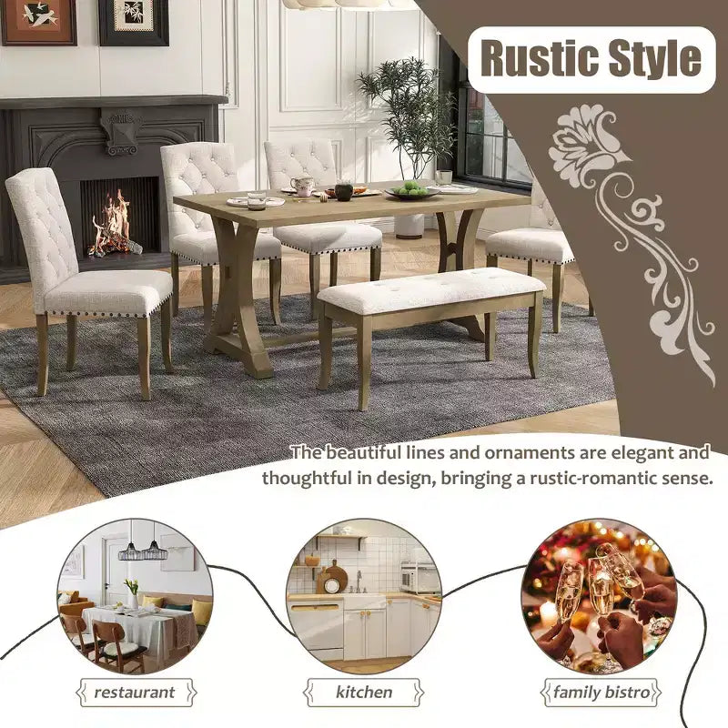 Set da pranzo Whisen in stile rustico, 6 pezzi con 4 sedie imbottite e panca per sala da pranzo