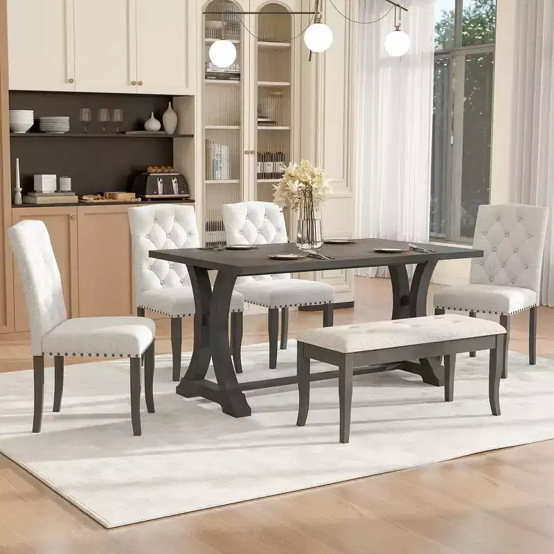 Set da pranzo Whisen in stile rustico, 6 pezzi con 4 sedie imbottite e panca per sala da pranzo
